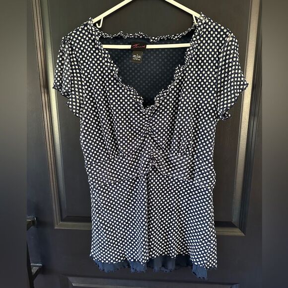 Torrid Navy Blue white polka dot ruffle top mesh fabric lined. Length weight - Picture 1 of 7